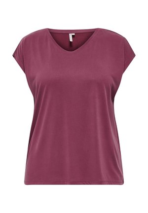 T-shirt en mélange de coton bordeaux avec décolleté en V, manches courtes et coupe décontractée. Texture lisse, coutures minimales et sans motifs.
