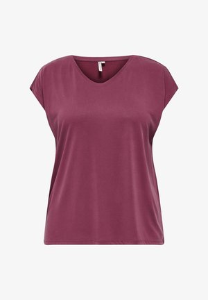 Burgundia puuvillasegu T-särk, millel on V-kaelus, lühikesed varrukad ja vabalt langev lõige. Sile tekstuur, minimaalsed õmblused ja ilma mustrita.
