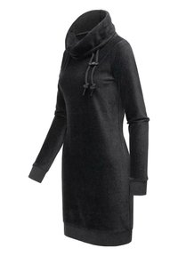 Robe en polaire noire avec un col drapé, des manches longues et des cordons de serrage. Présente une coupe ajustée et des poignets et un ourlet côtelés. Texture lisse.