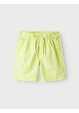 Helle gelbe Badeshorts mit elastischem Bund, Kordelzug und Seitentaschen. Bietet eine glatte Textur und eine entspannte Passform.