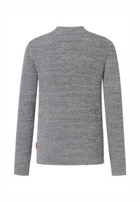 Gray pullover sweater with long sleeves, ribbed texture, and a crew neckline. Features a small red tag at the lower left side.
