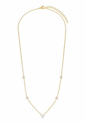 Delicate gouden ketting met vijf kleine ronde kristallen en een grotere hartvormige kristallen hanger in het midden.