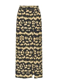 Falda maxi con un patrón abstracto en negro y beige, fabricada en un tejido texturizado, con corte recto y detalle de abertura lateral.