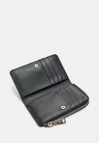 Black leather wallet with zip closure, featuring multiple card slots and a smooth texture. Interior is simple with no additional patterns.