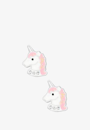 Des boucles d'oreilles en forme de licorne présentent une base blanche avec des accents de crinière rose, un matériel argenté et des strass transparents au niveau du cou.