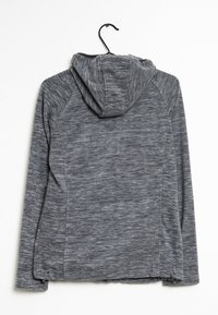 Grijze ritssluiting hoodie met een gestructureerde, gemêleerde stof, een capuchon en lange mouwen met een lichte uitloop bij de manchetten.