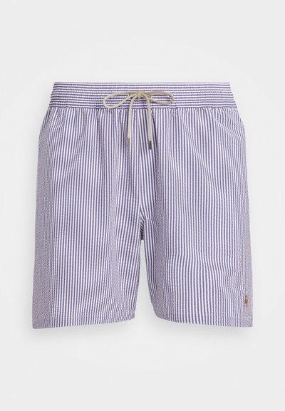 Calções de banho listrados em roxo e branco com uma cintura elástica, cordão ajustável e um pequeno detalhe de logotipo na bainha inferior frontal.