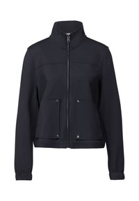 Svart zip-up jacka gjord av mjukt tyg, med ståkrage, två framfickor med tryckknappar och ribbade manschetter för komfort.