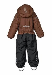 Brun och svart isolerad sn overall med huva, elastisk midja och reflekterande bergsmönster på ryggen och benen. Vattentätt material.