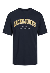 Navy cotton t-shirt featuring "JACK&JONES" in bold yellow text, with a round neckline and short sleeves, smooth texture, simple design.