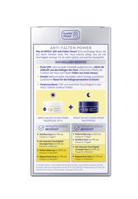 NIVEA Q10 Anti-Falten Power product box featuring a tamper-proof symbol, blue and yellow accents, and text on anti-aging benefits and use.