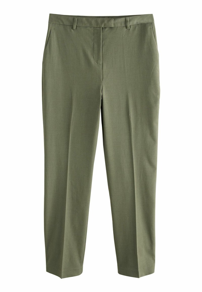 Pantaloni eleganti di colore verde oliva con una vestibilità su misura. Presentano una parte frontale piatta, passanti per la cintura e una texture del tessuto liscia. Adattati alla vita e ai fianchi.