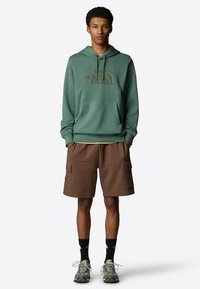 Grüne Kapuzenjacke mit Logo, Kängurutasche und Kordelzug. Braune Cargo-Shorts mit Seitentaschen. Graue Sneakers und schwarze Socken.