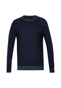 Maglione blu navy con un motivo a maglia testurizzato, caratterizzato da un colletto a girocollo e polsini a coste, e rifiniture a contrasto lungo le spalle.