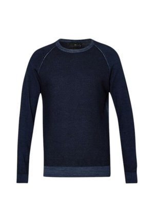 Maglione blu navy con un motivo a maglia testurizzato, caratterizzato da un colletto a girocollo e polsini a coste, e rifiniture a contrasto lungo le spalle.