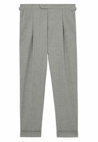Gray tailored trousers with pleats at the front, tapered legs, side pockets, and folded cuffs. Made of textured fabric for a structured look.