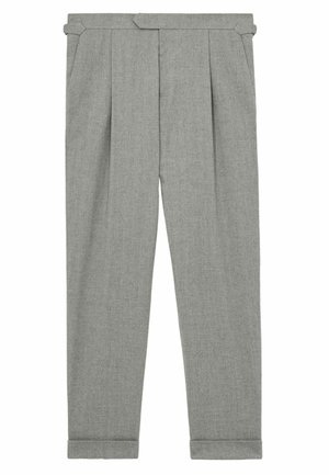 Pantaloni gri la comandă, cu pliseuri în față, picioare conice, buzunare laterale și manșete îndoite. Fabricati dintr-un material texturat pentru un aspect structurat.