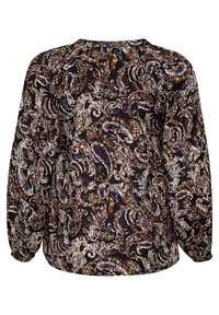 Mustat pitkät hihat paita, jossa on paisley-kuvio valkoisena, sinisenä ja oranssina. Ominaisuuksiin kuuluu pyöreä pääntie ja lievää rypytystä olkapäillä.