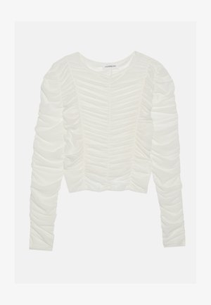 Haut blanc à manches longues avec des détails en tissu froncé, encolure ronde et coupe ajustée. Matière douce et texturée avec des fronces le long des manches.