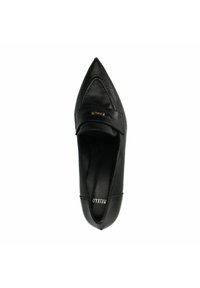 Black leather pointed-toe shoe, flat design with a decorative strap and gold-tone hardware across the upper. Smooth texture, indoor use.