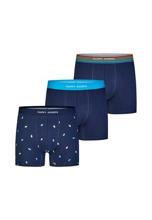 Drei Paar dunkelblaue Boxershorts mit "Happy Shorts"-Bund; eines hat einen mehrfarbig gestreiften Bund, eines hellblau, eines mit Eislutscher-Motiven.