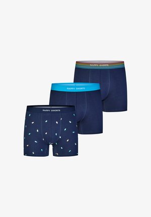 Drei Paar dunkelblaue Boxershorts mit "Happy Shorts"-Bund; eines hat einen mehrfarbig gestreiften Bund, eines hellblau, eines mit Eislutscher-Motiven.