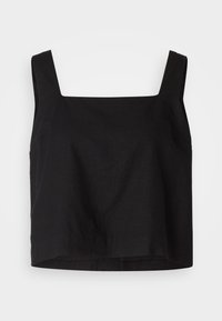 Black cropped top with a square neckline, made of linen fabric. Features wide straps and a slightly relaxed fit with a straight hem.