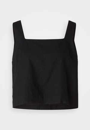 Top preto cropped com decote quadrado, feito de tecido de linho. Apresenta alças largas e um ajuste ligeiramente descontraído com uma bainha reta.