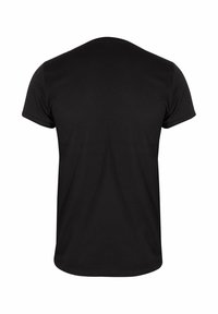 Černé bavlněné tričko s kulatým výstřihem, krátkými rukávy a hladkou strukturou. Pohled zezadu ukazuje jednobarevný a jednoduchý design.