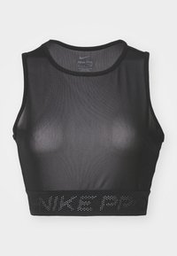 Mustapohjainen urheilullinen lyhyt toppi, joka on valmistettu hengittävästä verkkokangasta. Siinä on pyöreä pääntie ja brändätty elastinen nauha, jossa lukee "NIKE PRO".