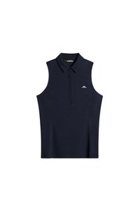 Mørkeblå ærmeløs polo-shirt lavet af glat materiale, med en knapkrave og et hvidt logo på venstre brystområde.
