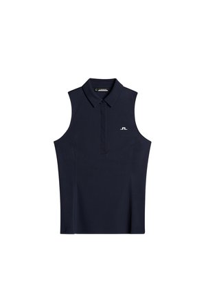 Navy sleeveless polo shirt made from smooth material, featuring a buttoned collar and a white logo on the left chest area.