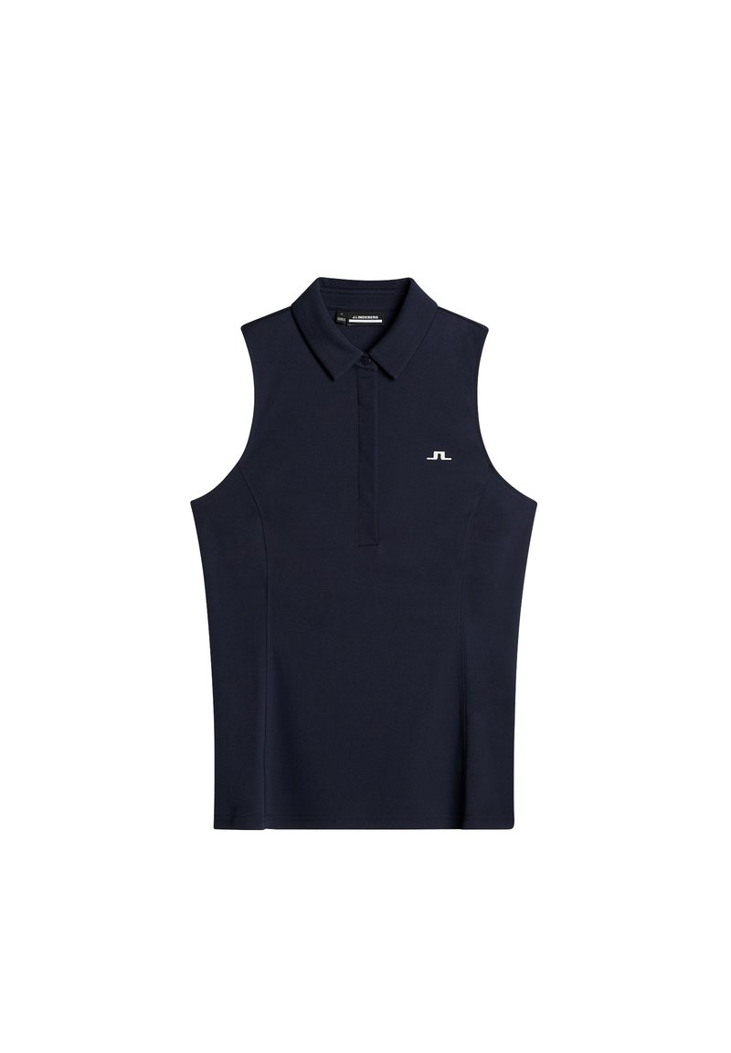 Polo shirt senza maniche blu navy realizzato in materiale liscio, con colletto button-down e un logo bianco sulla parte sinistra del petto.