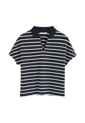 Polo bleu marine à rayures horizontales blanches, manches courtes et col en V avec étiquette "Polo Club" à l'intérieur.