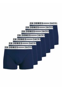 Tumši zili bokseri ar baltu un melnu elastīgu jostasvietu, uz kuras vertikāli izkārtota teksts "JACK & JONES".
