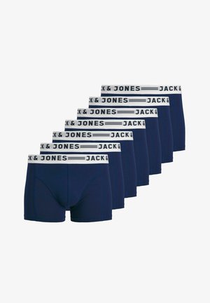 Tumed sinised bokserid venivast kangast, millel on elastne vöökoht, millel on valge ja must "JACK & JONES" logo.
