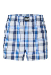 Plaid men's shorts in blue, navy, and white. Made from lightweight fabric with an elastic waistband and a single side pocket.