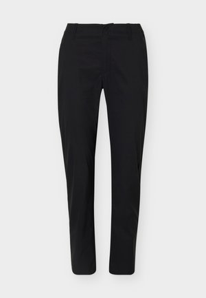Pantalon noir cintré, taille ajustée, avec passants pour ceinture et fermeture avant par bouton, présenté à plat sur un fond blanc.