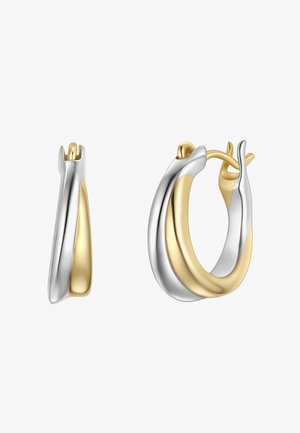 Orecchini ad anello intrecciati bicolore con fasce intrecciate d'argento e oro e chiusure a snodo su sfondo bianco.