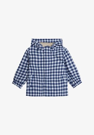 Blau-weiß karierte Kapuzenjacke mit langen Ärmeln und zwei vorderen Taschen, für Kinder entworfen.