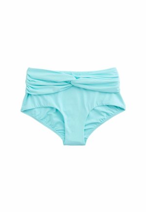 Jasnoniebieskie majtki bikini z wysokim stanem, z marszczonym, skręconym pasem, przedstawione na białym tle.