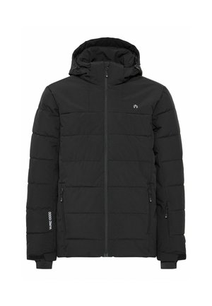 Must must jacket kapuutsiga, millel on tikandiga disain, lukuga sulgemine ja kaks küljetaskut. Materjal on sile ja peene tekstuuriga.