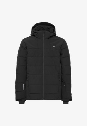 Doudoune noire avec capuche, présentant un design matelassé, une fermeture éclair et deux poches latérales. Le matériau est lisse avec une texture subtile.