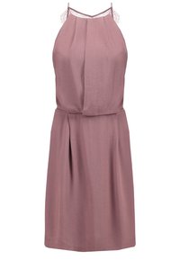 Robes halter mauves avec une jupe plissée, fabriquées en tissu léger. Comprend des bretelles fines et des accents en dentelle près des épaules.