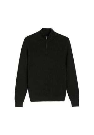 Czarny sweter dzianinowy z wysokim kołnierzem i krótkim zamkiem błyskawicznym, z długimi rękawami i teksturowanym materiałem. Klasyczny design, minimalne detale.