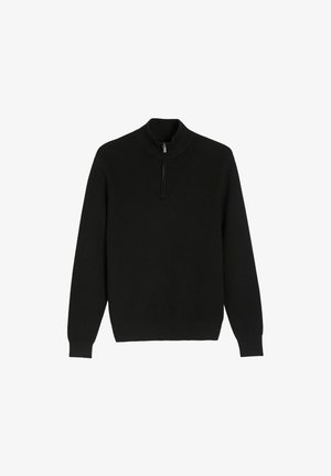 Czarny sweter dzianinowy z wysokim kołnierzem i krótkim zamkiem błyskawicznym, z długimi rękawami i teksturowanym materiałem. Klasyczny design, minimalne detale.