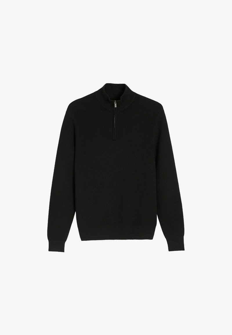 Czarny sweter dzianinowy z wysokim kołnierzem i krótkim zamkiem błyskawicznym, z długimi rękawami i teksturowanym materiałem. Klasyczny design, minimalne detale.