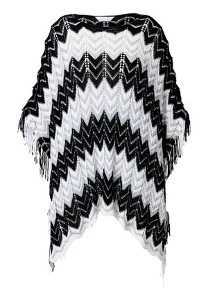 Mustavalkoinen vinoraitakuosiset poncho, jossa on fringe-helma, valmistettu kevyestä neuloksesta ja jossa on ylipitkä, rento istuvuus.