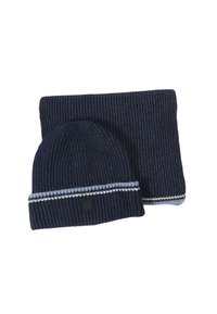 Berretto a maglia blu navy con risvolto decorato e sciarpa coordinata, entrambi con strisce sottili alternate e un design a coste testurizzato.