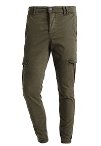 Olijfgroene cargobroeken van een katoenmix, met een tapere pasvorm, voorzien van zijzakken, een knoopsluiting en minimale stikseldetails.